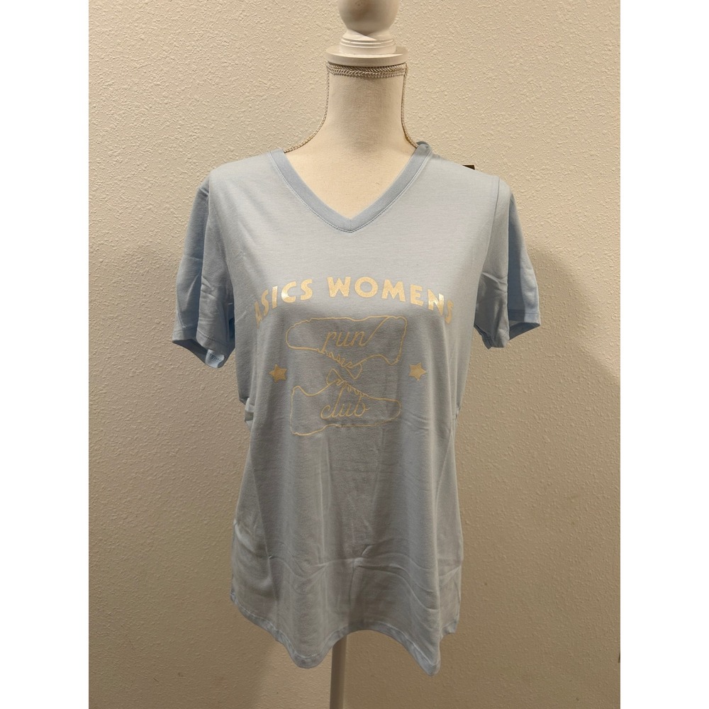 Asics Women Run Club V-Neck Graphic T-Shirt Light Blue Short Sleeve Size M NEW